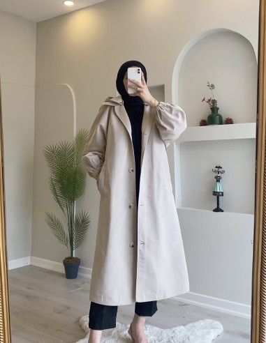 2665 Kapüşonlu Trençkot Taş