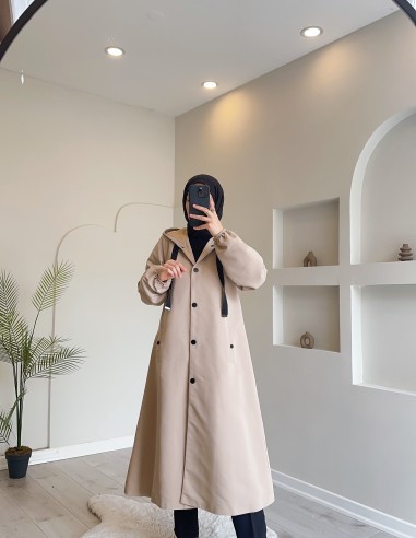 1736 Kapşonlu Düğmeli Trençkot Taş