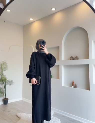 2740 Balon Kol Salaş Triko Elbise Siyah