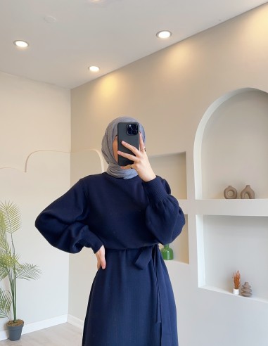 9017 Kuşaklı Triko Kalem Elbise Lacivert