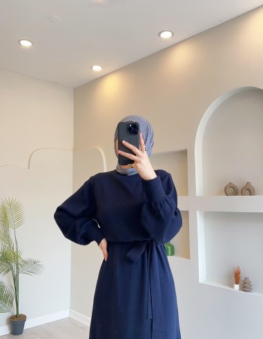 9017 Kuşaklı Triko Kalem Elbise Lacivert