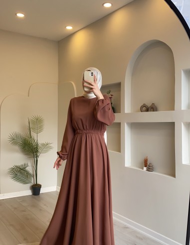 8645 Beli Lastikli Elbise Kahve