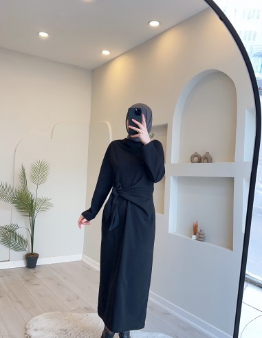 5424 Bağlamalı Bilek Boy Elbise Siyah