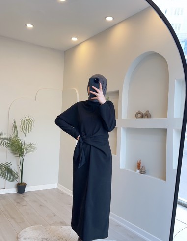 5424 Bağlamalı Bilek Boy Elbise Siyah