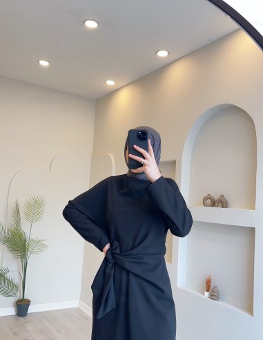 5424 Bağlamalı Bilek Boy Elbise Siyah