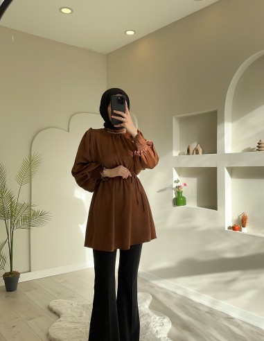 5004 saten taşlı tunik kahve