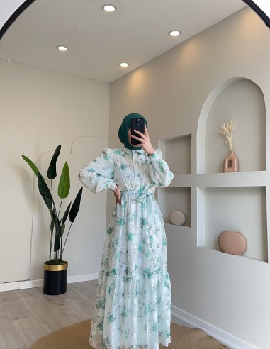 8791 gizli düğmeli çiçek desen elbise...