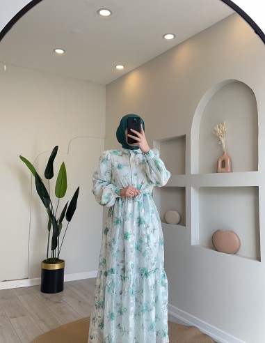 8791 gizli düğmeli çiçek desen elbise...