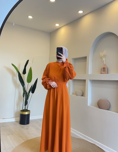 1430 kolları pliseli elbise turuncu