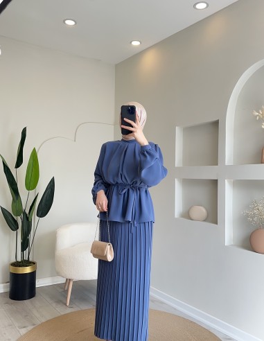 2938 ince kuşaklı etek takım indigo