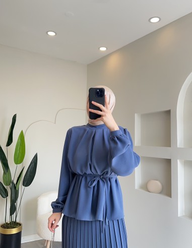 2938 ince kuşaklı etek takım indigo