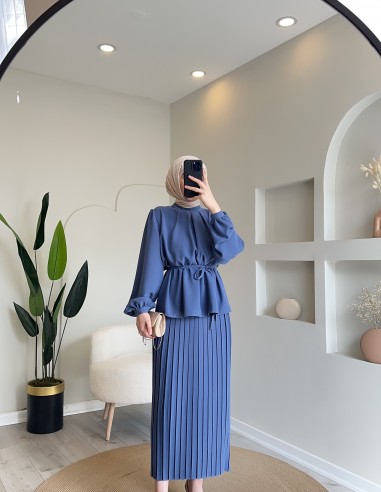 2938 ince kuşaklı etek takım indigo