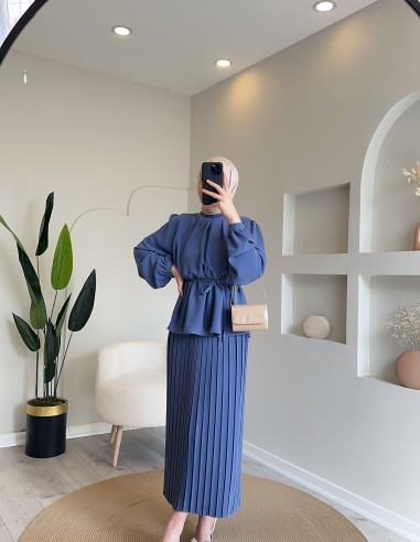 2938 ince kuşaklı etek takım indigo