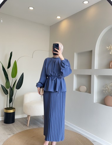 2938 ince kuşaklı etek takım indigo