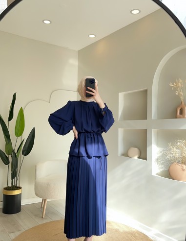 2938 ince kuşaklı etek takım lacivert