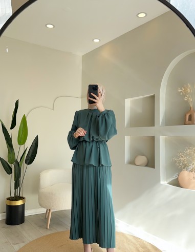 2938 ince kuşaklı etek takım mint yeşili