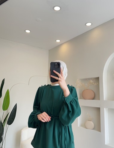 1520 omuzu düğmeli krep takım zümrüt