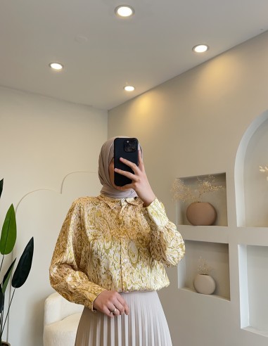 1032 desenli saten gömlek hardal