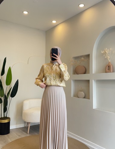 1032 desenli saten gömlek hardal