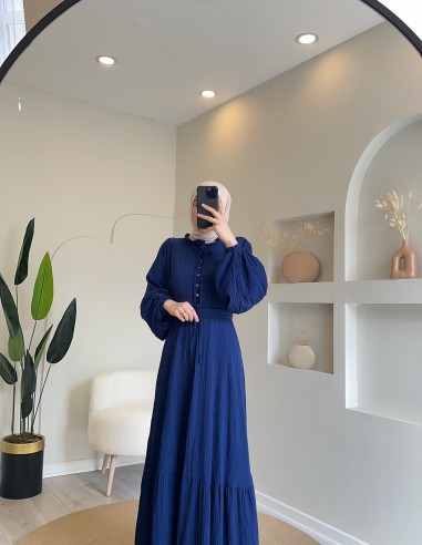 2080 kuşaklı düğmeli elbise lacivert