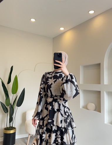 4040 kat kat desenli elbise siyah