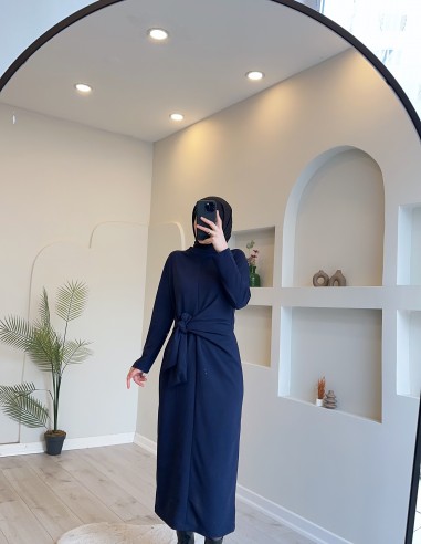 5424 Bağlamalı Bilek Boy Elbise Lacivert