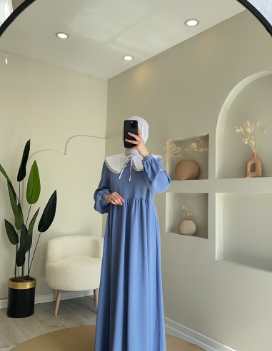 8668 yakalı elbise mavi