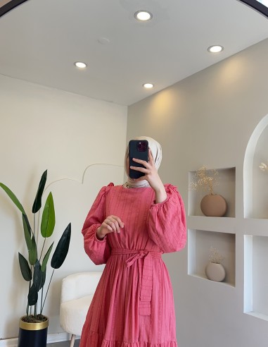 9134 kuşaklı elbise nar çiçeği