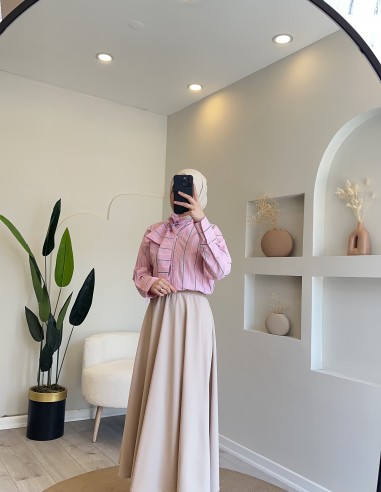 Hy24814 fular yaka gömlek pudra