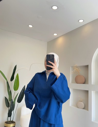 2847 fırfır detaylı keten takım lacivert