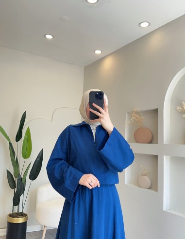 2847 fırfır detaylı keten takım lacivert