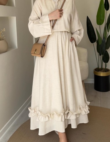 2847 fırfır detaylı keten takım natural