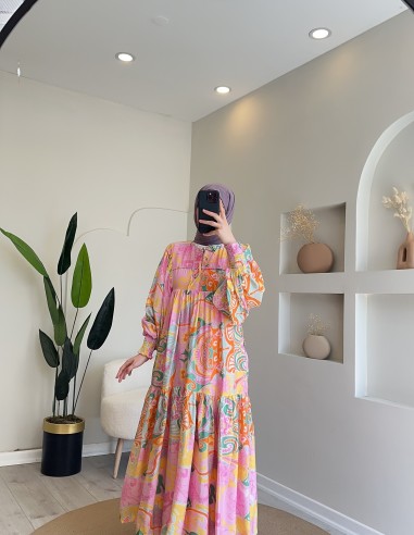 My-01064 etnik desen elbise pembe