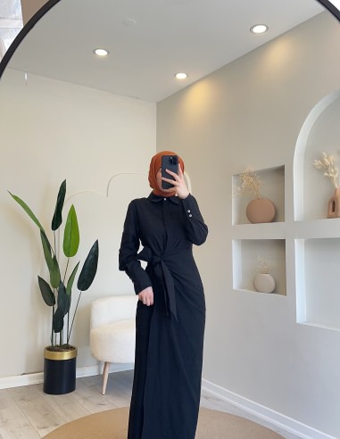 20019 Keten Bağlamalı Elbise Siyah