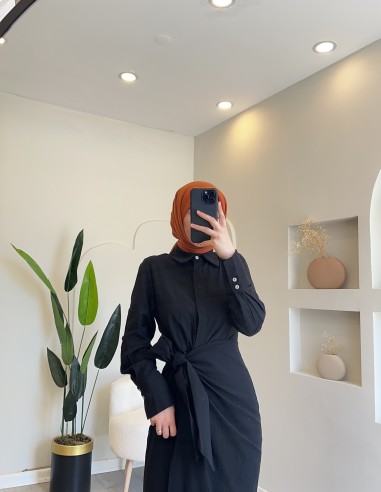 20019 Keten Bağlamalı Elbise Siyah