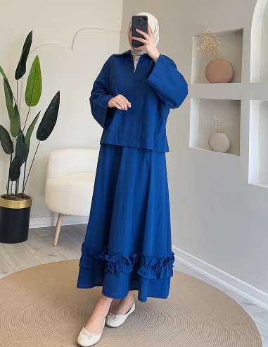 2847 fırfır detaylı keten takım lacivert