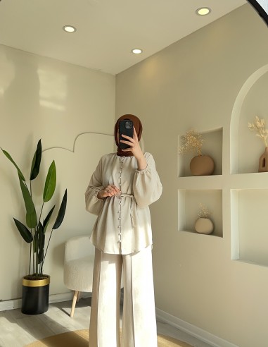 2525 Düğmeli keten pantolon takım taş