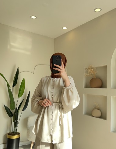 2525 Düğmeli keten pantolon takım taş