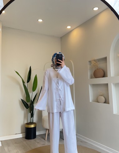 Hy24726 Pantolonlu Keten Takım Beyaz