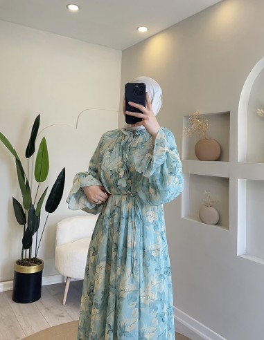 8249 Çiçekli Flora Elbise Su Yeşili