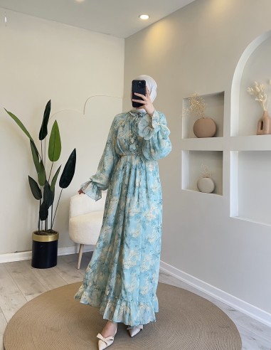 8249 Çiçekli Flora Elbise Su Yeşili