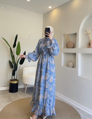 8249 Çiçekli Flora Elbise Gök Mavi