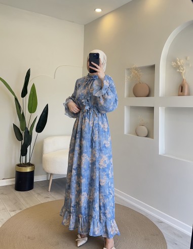 8249 Çiçekli Flora Elbise Gök Mavi