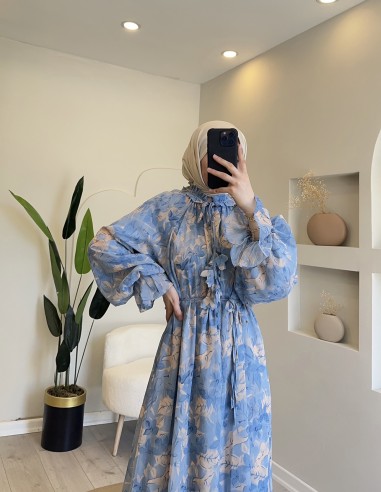 8249 Çiçekli Flora Elbise Gök Mavi