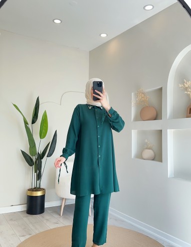 536 Yakası Taşlı Pantolonlu Takım Yeşil