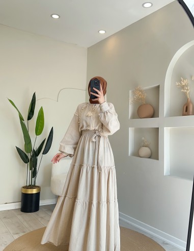HY23401 Deniz Kabuklu Elbise - Naturel