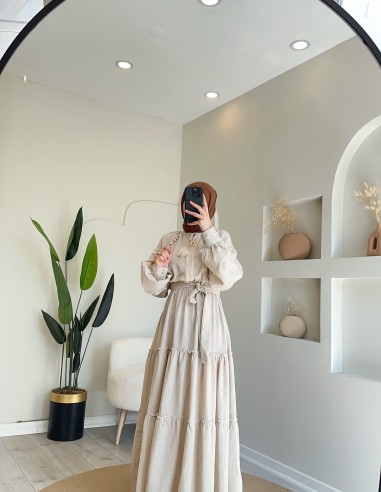 HY23401 Deniz Kabuklu Elbise - Naturel