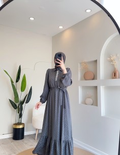 6015 Jakarlı Saten Elbise -...