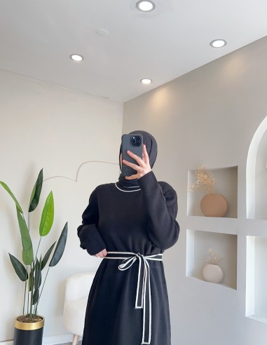 10788 Kuşaklı Çizme Boy Triko Elbise-...