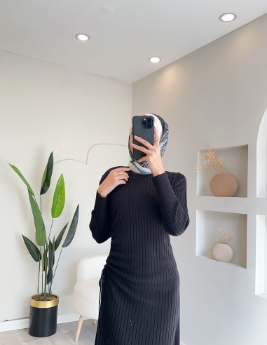 24870 büzgü detaylı triko elbise - siyah